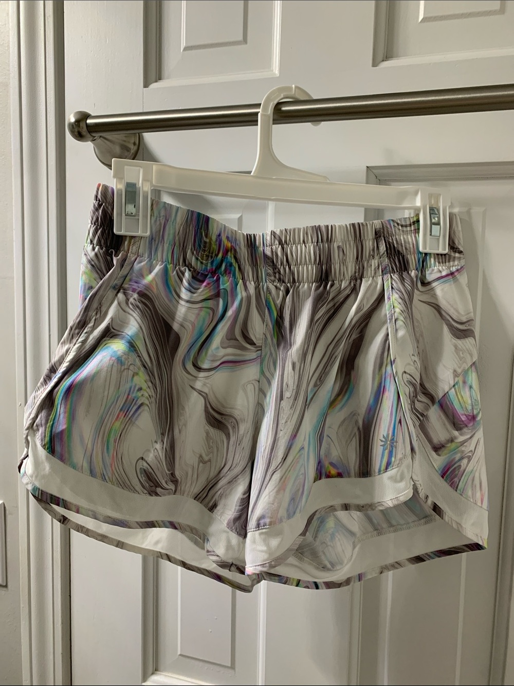 Athleta Marble-Swirl Active Shorts - White with Iridescent Accents